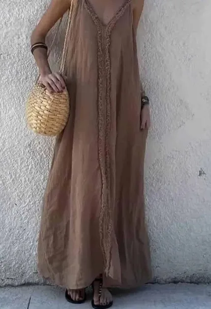 

Summer Sexy Sling Dress Casual Retro Holiday Dresses For Women Fashion Loose Solid Color Tassels Commute Long Dress Streetwear