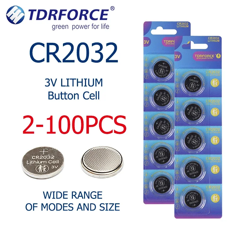 CR2032 3V Lithium Button Coin Battery Cell, Relógio, Calculadora, Brinquedos, Carro, Controle remoto, 2-100Pcs