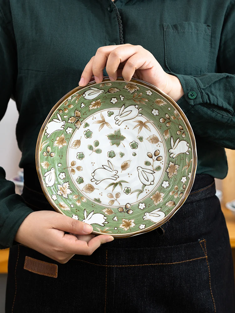 Ceramic Rabbit Plate, Household Green Dining Plate, High-temperature Underglaze Colored Bowl and Plate Set