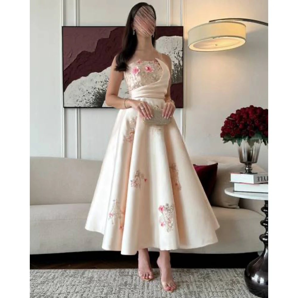 

Customized Exquisite Applique Evening Dresses A-line Flower Pleat Ankle-Length Bridal Wedding Prom Gowns for Birthday Party