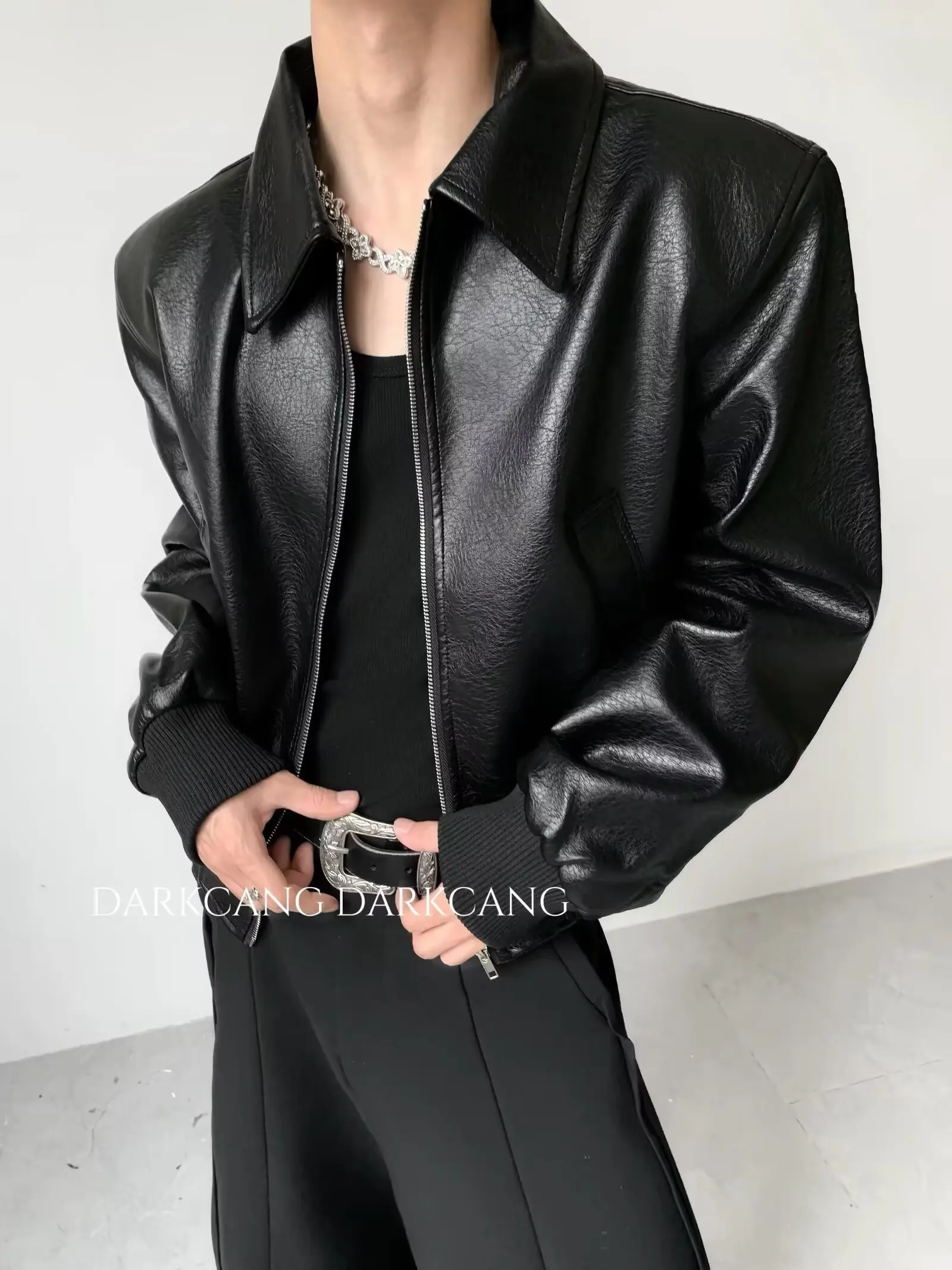 Trendy Zip-up Turn-down Collar PU Leather Coat Men Clothing Classic Solid Color Leather Jackets For Men's Fall Vintage Outerwear