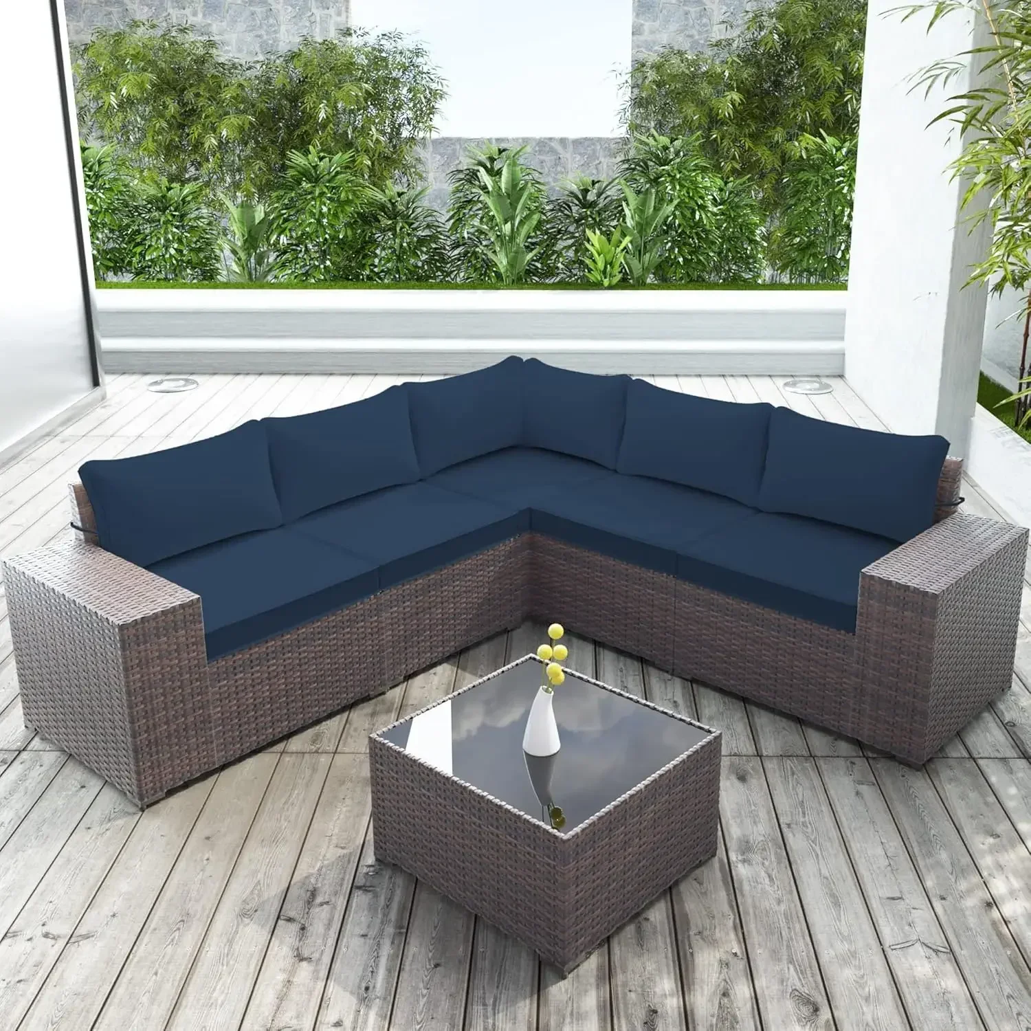 All-Weather PE Rattan Outdoor Sectional with Replaceable Navy Waterproof Cushions and Coffee Table