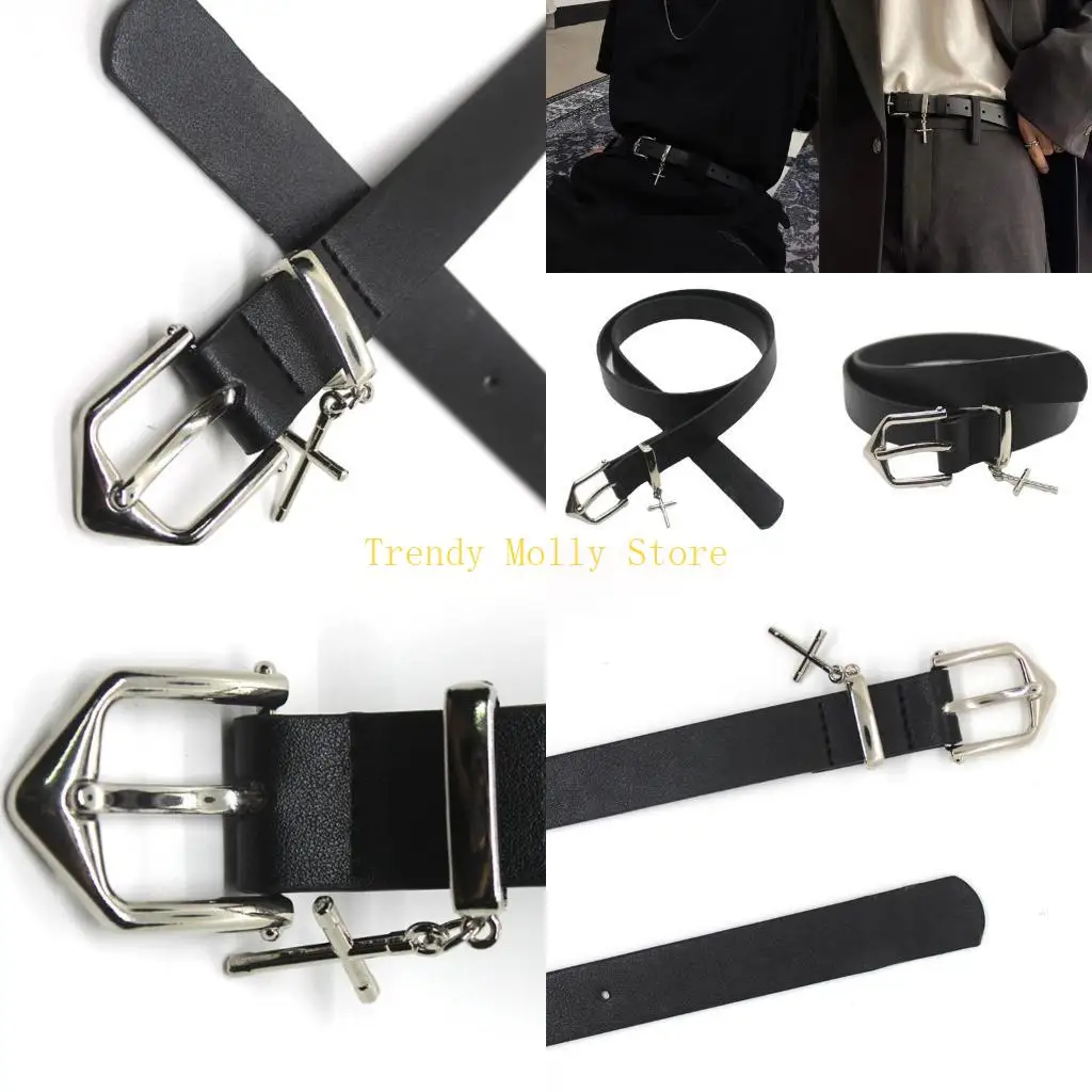 

N5KB Пояс в стиле Харадзюку из искусственной кожи с декором в виде креста для подростков Y2K, джинсовая юбка, декор