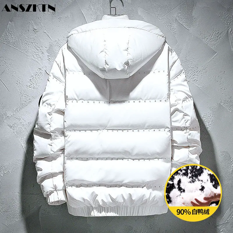 ANSZKTN Men Winter thick warm coat sports hooded drawstring short white duck down warm down jacket