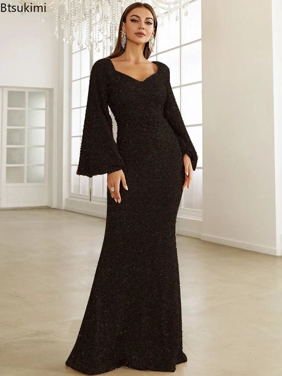 New 2024 Women\'s Elegant Sequins Party Maxi Dress Sexy Flare Long Sleeve V-neck Hip Wrap Dress Lady Sweetheart Evening Dresses