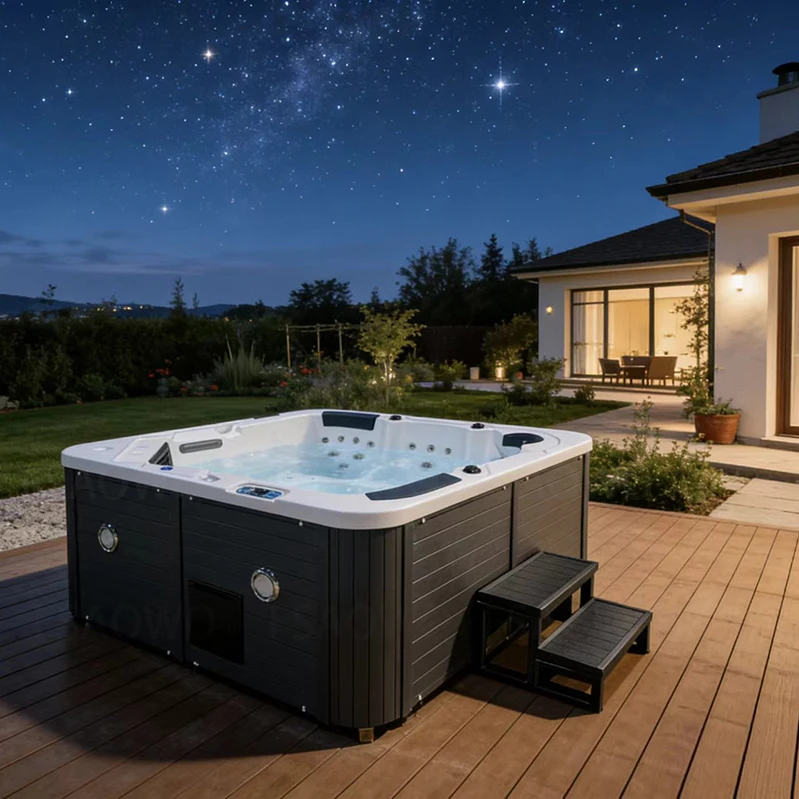 AOWO Jacuzzi Gris para Patio con Sistema Balboa, Bomba de Calor, Carpa para Agua, Controlador Inteligente y Cubierta Aislante
