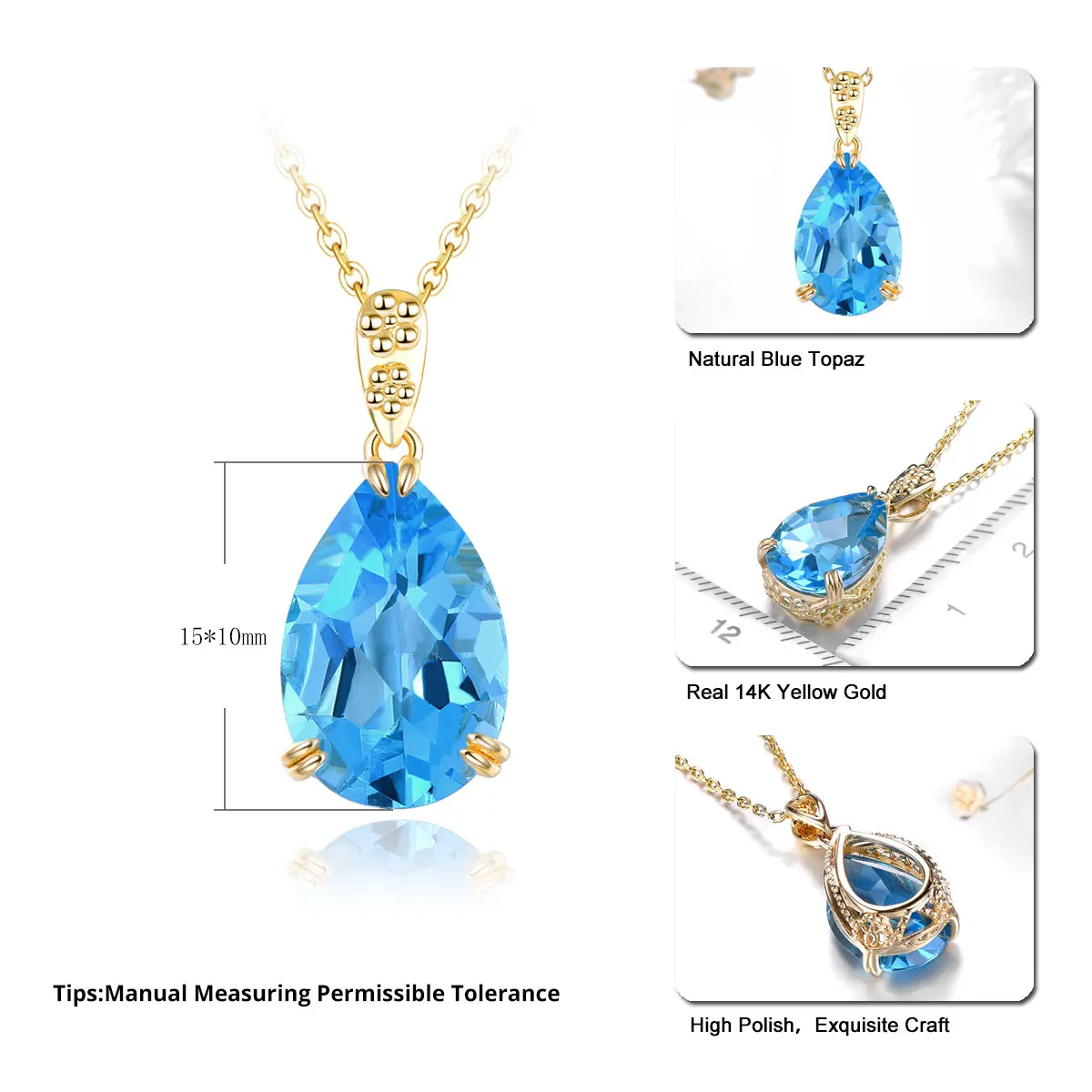 Lohaspie Natural Swiss Blue Topaz 14K Yellow Gold Pendant 7 Carats Genuine Gemstone Real Gold Colorful Fine Jewelry Top Quality