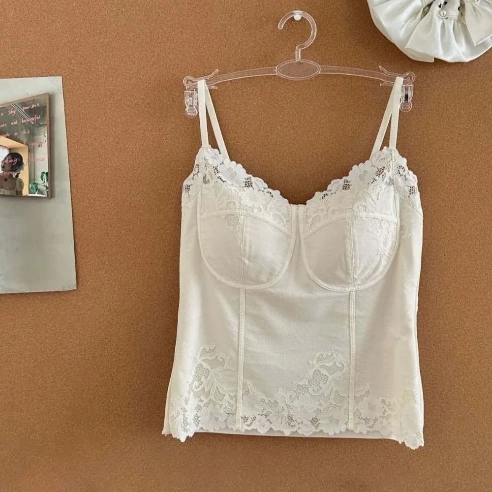 Fashion French Style Lace Camisole Slim Fit Fishbone Crop Tops Flower Sleeveless Suspender Vest Ladies
