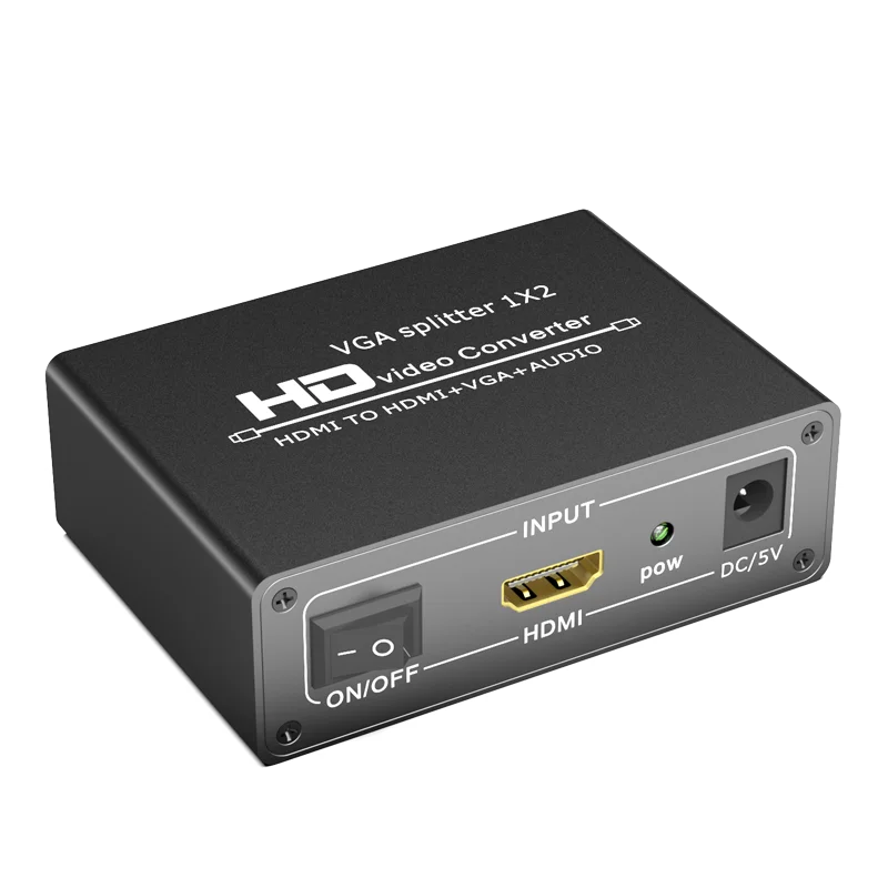 1x2 HDMI to HDMI & VGA Audio Splitter 1 in 2 out HD Video Converter 3.5mm Audio Output Dual Display Mirror Extend for Laptop TV