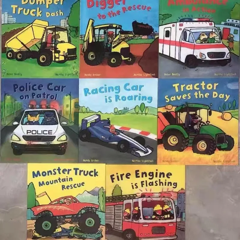 8 Books/Set Busy Wheels Excavator Fire Truck Racing Tractor Ambulance English Picture Story Book Boy Kids Knowledge Education