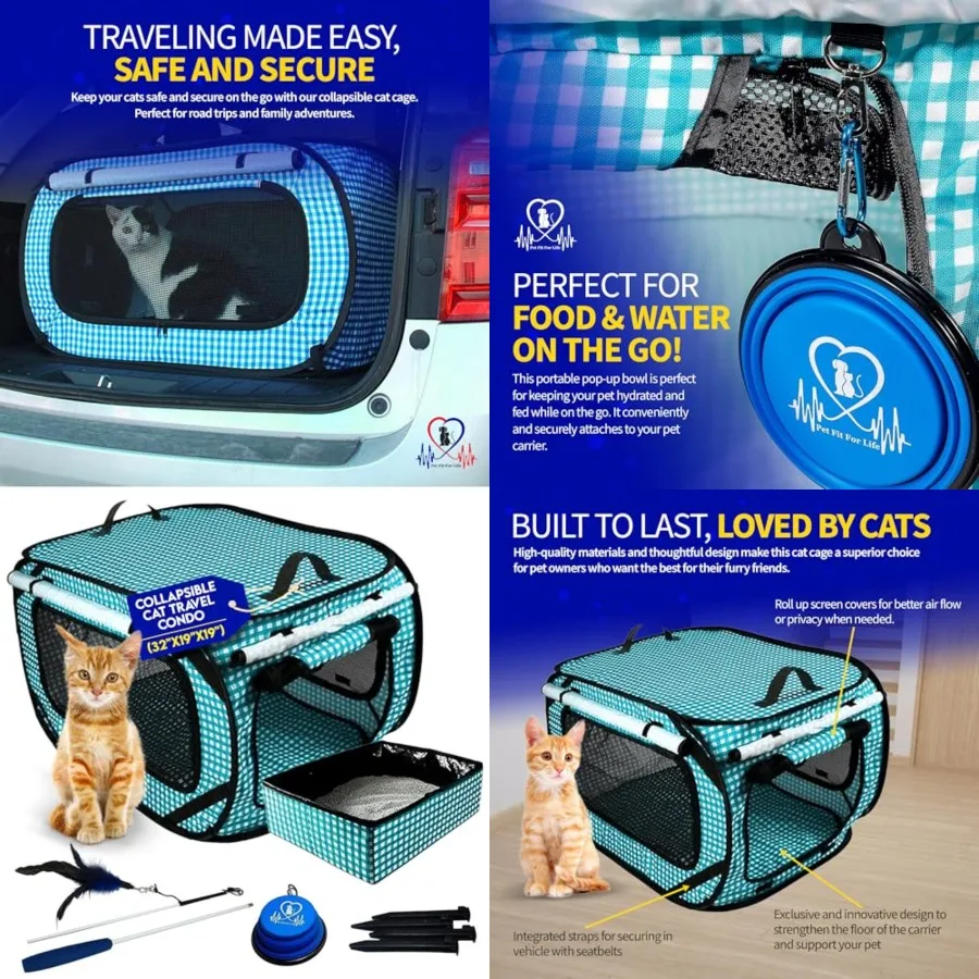 

Extra Large Cat Carrier for Travel - Foldable and Portable Collapsible Kennel with Litter Box, Feather Toy and Water/Food Bowl