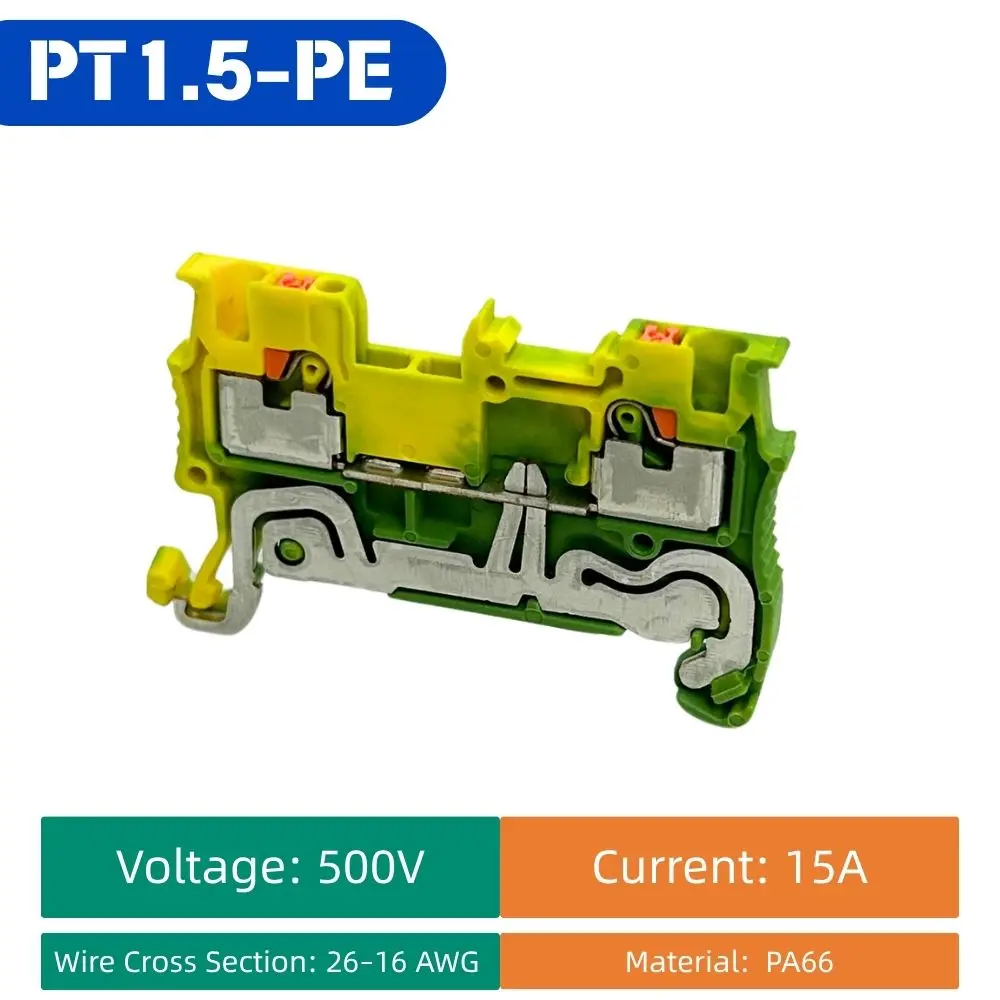 10Pcs PT1.5-PE Yellow Green Push-in Terminal Block, Tool-free 1.5mm² DIN Rail Ground Earth Terminal