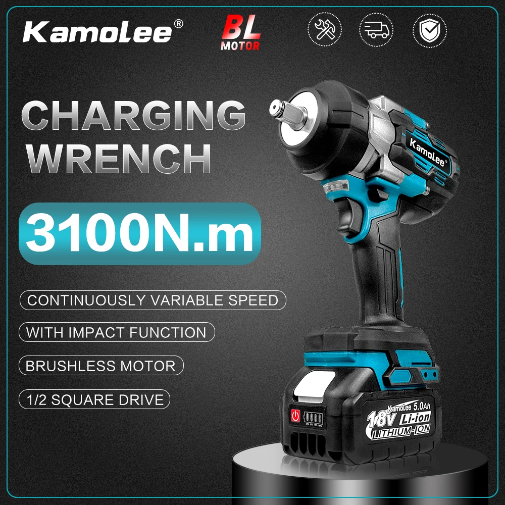 

Kamolee 3100NM Wireless Charging High Torque Wrench 1/2 Inch Repair Electric Impact Wrench is compatible with Makita 18V battery