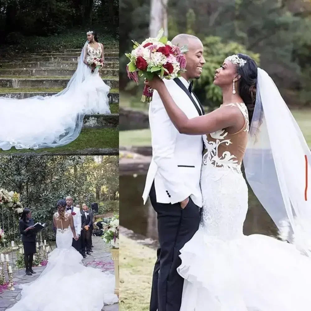 Customized Long Cathedral Train Mermaid Wedding Dresses Plus Size African 2025 Sheer Neck Bridal Gowns Appliqued Lace Vestidos D