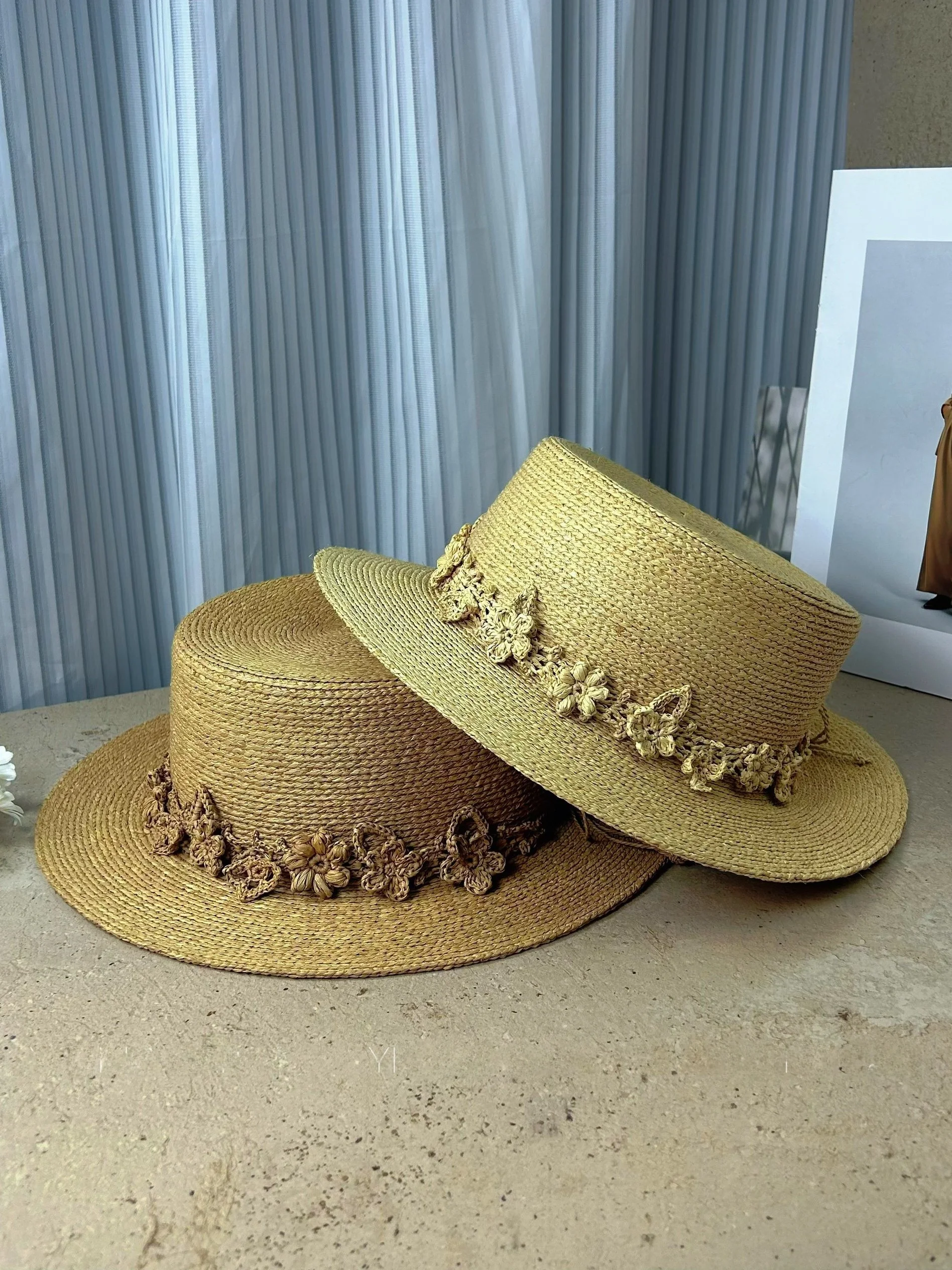 handmade-straw-hat-women's-summer-sunshade-flower-decorated-flat-top-hat-fashionable-breathable-spring-cap-for-younger-adults