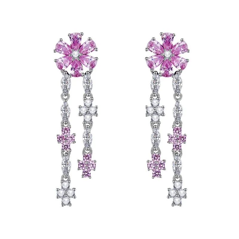 

Shop 2022 New 925 Silver Droplet Shape 5 Diamond Earrings, Floral, European and American Light Luxury Long Earrings