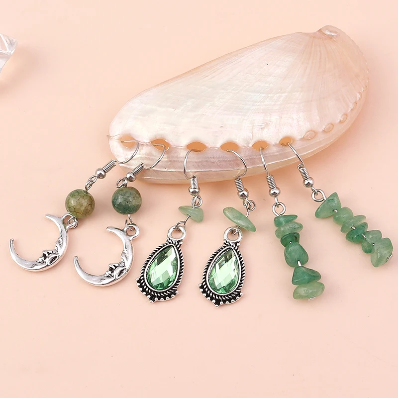 3Pairs/Set Fashion Turquoise Water Drop Earrings for Women Alloy Moon Dangle Hooks Earrings Girls Party Festival Jewelry Gifts