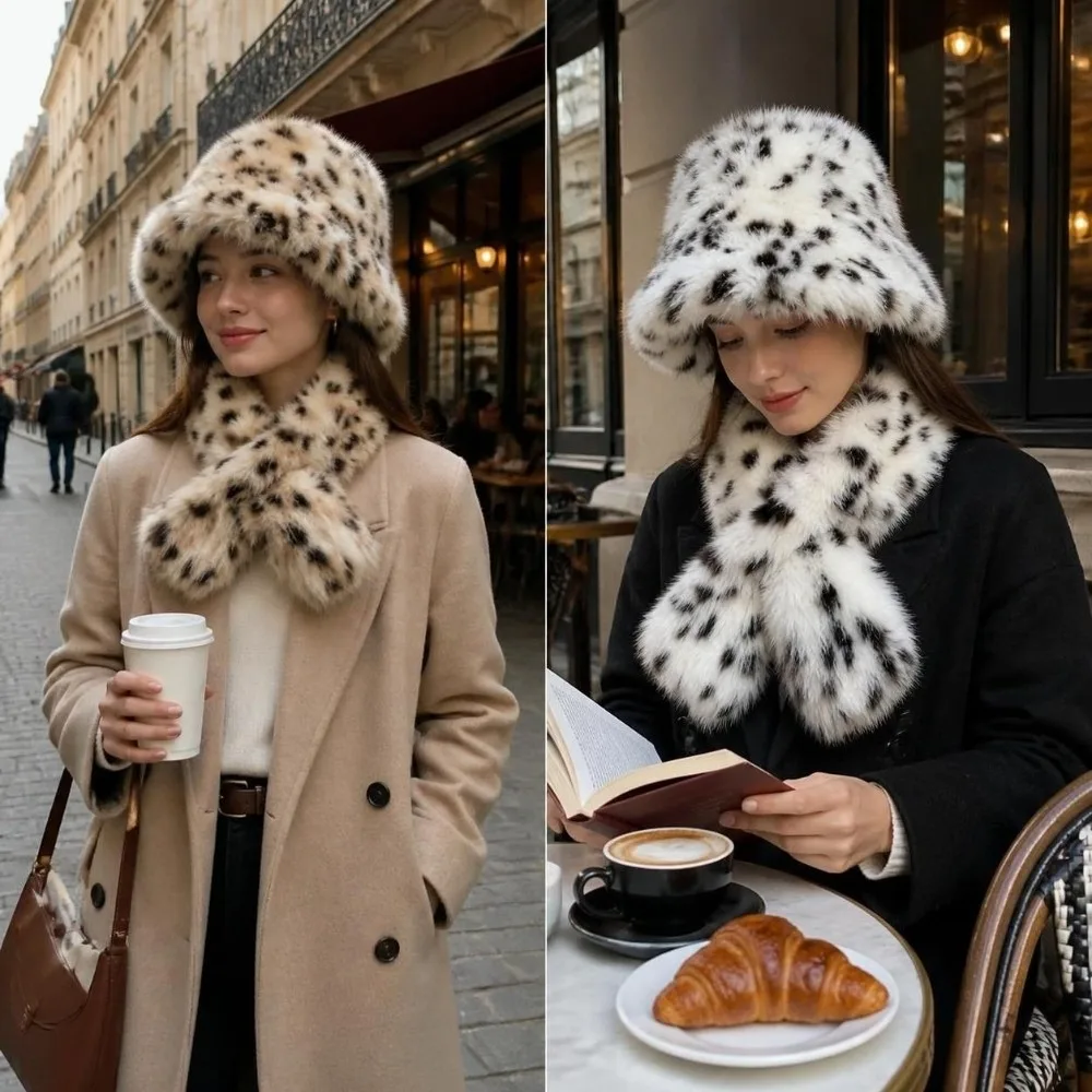 2-Piece Set Rolled Brim Faux Fur Bucket Hat Windproof Soft Winter Head Neck Accessories Face-Slimming Leopard Print Hat Set