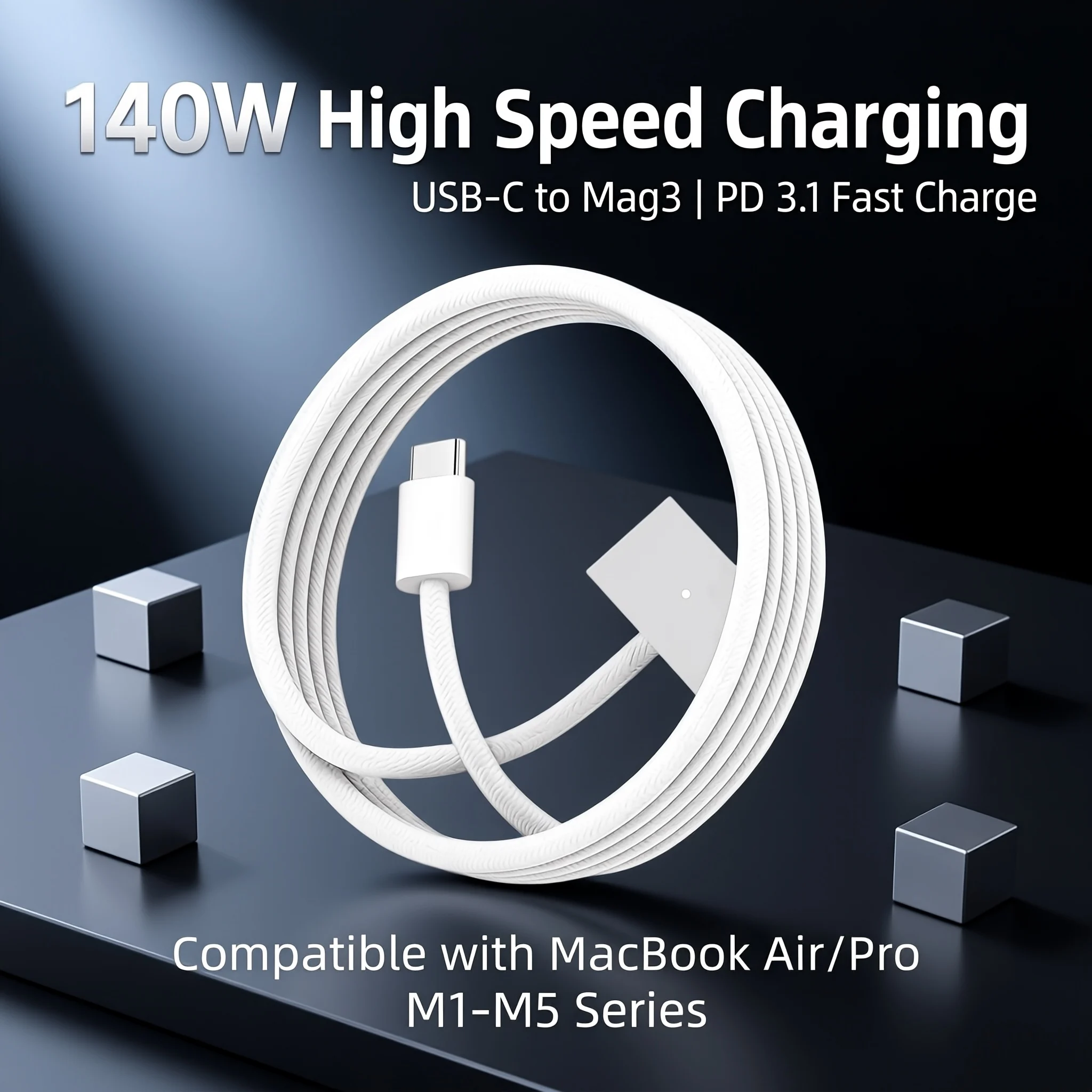 PD 140W USB-C to Mag3 Connector Charging Cable, 2M Braided Fast Charge Wire for MacBook Pro Air M1 M2 M3 M4 M5 Series