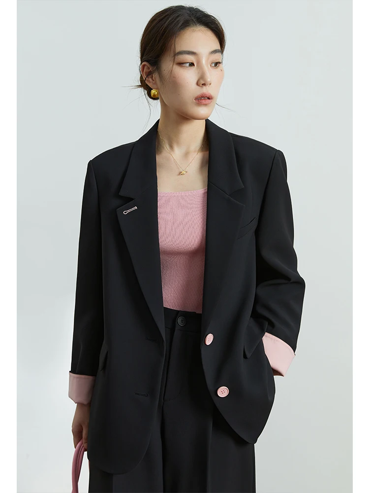 DUSHU Notched Collar Women Loose Blazers Single Breasted Twill Solid Office Lady Suit Contrast Color Button Design Female Suits