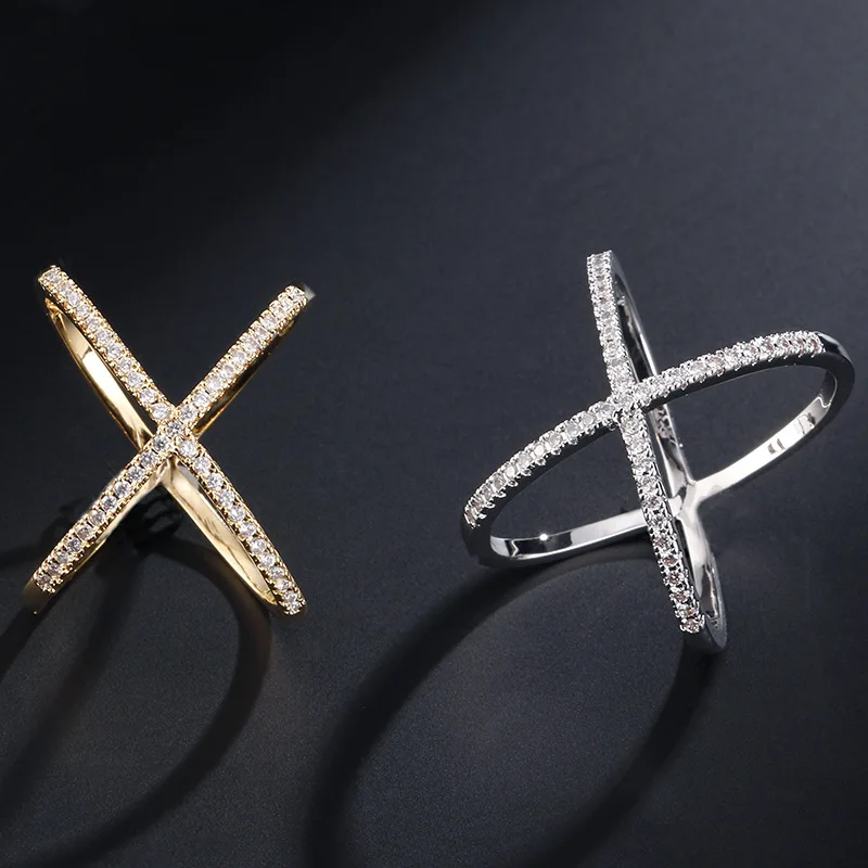 Handmade S925 Silver Criss Cross X Cross Rings, Cross Rings, thin AAAAA Zircon rings,women wedding Micro Pave Ring