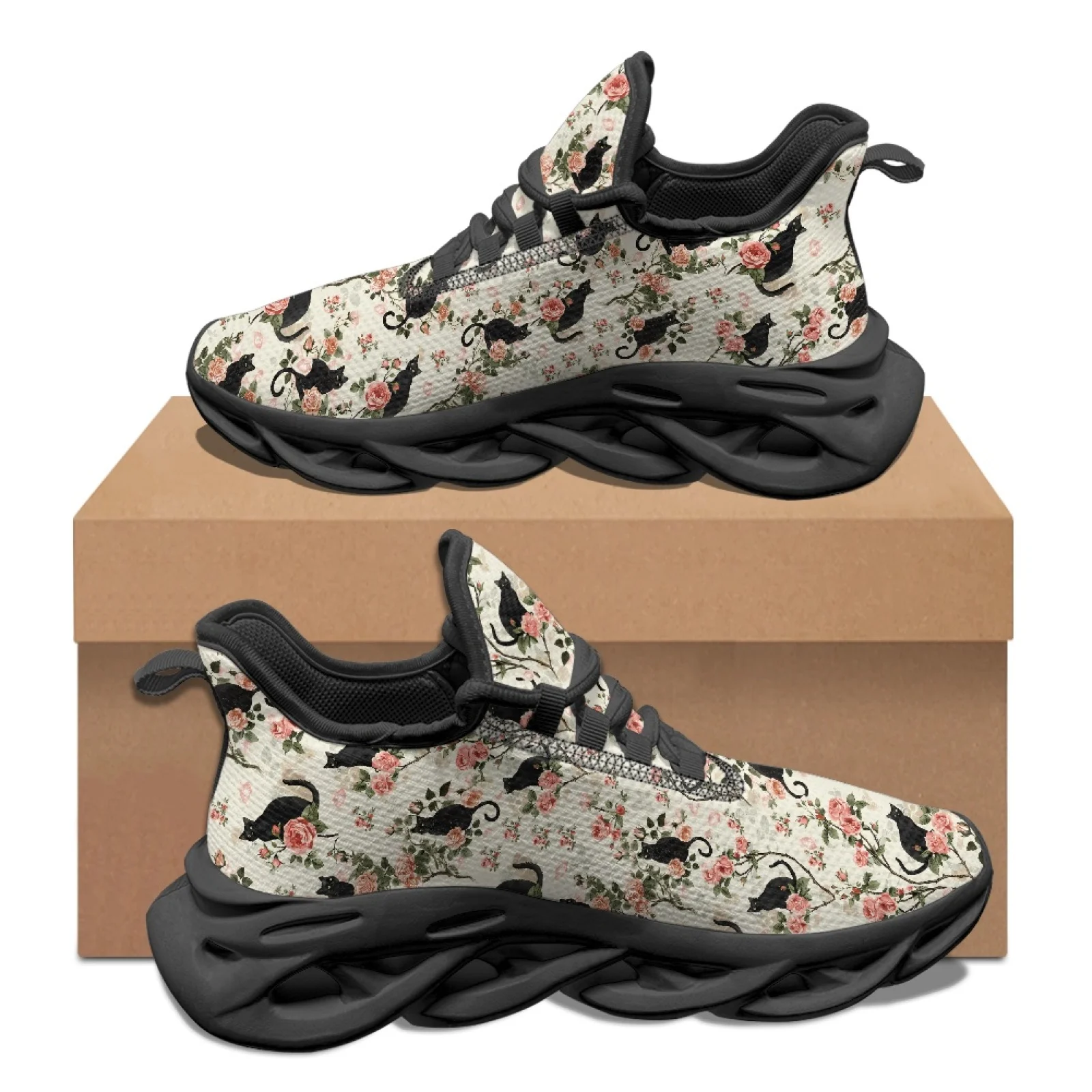 Tênis de Corrida PENSTROLL Black Cat Rose, Tênis de Moda em Malha e EVA, Tênis Leves com Solado Blade para Caminhada
