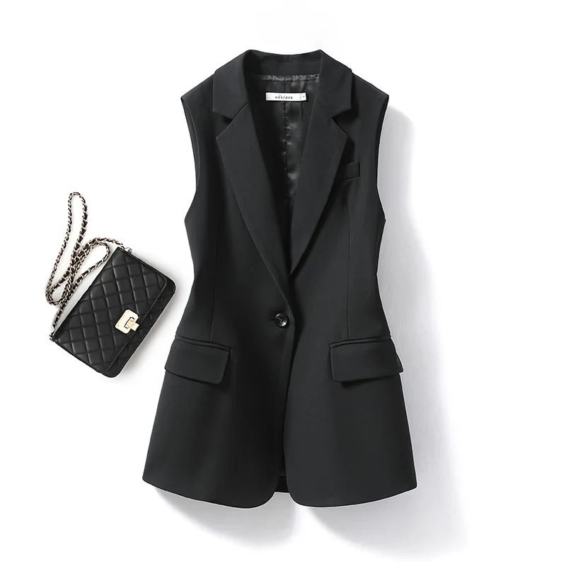 Women\'s Lapel Collar Vest Coat All-Matched Single Breasted Sleeveless Classic Solid Color Chic Vintage Office Lady Jacket