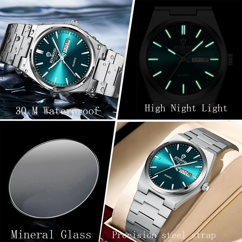 BINBOND Fashion New Men Business Watch Leisure Quartz Stainless Steel Buckle Watches Waterproof Luminous Calendar Men\'s Watches