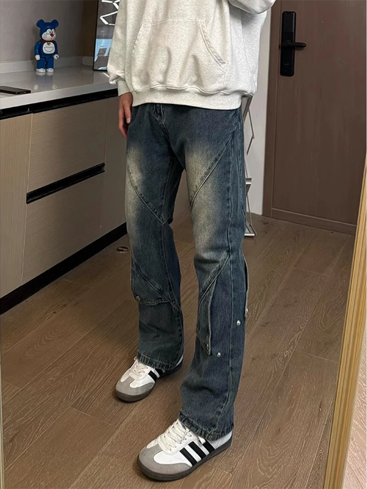 

Retro Blue Deconstructed Patchwork Men's Jeans Spring CleanFit American High Street Vibe Straight Leg Workwear Trousers