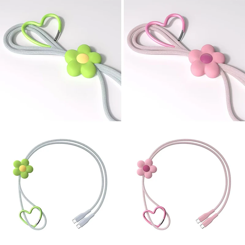 

2 Pcs Set Pink Green Flower Heart Mobile Phone Hook Data Charging Cable Organizer Phone Accessories