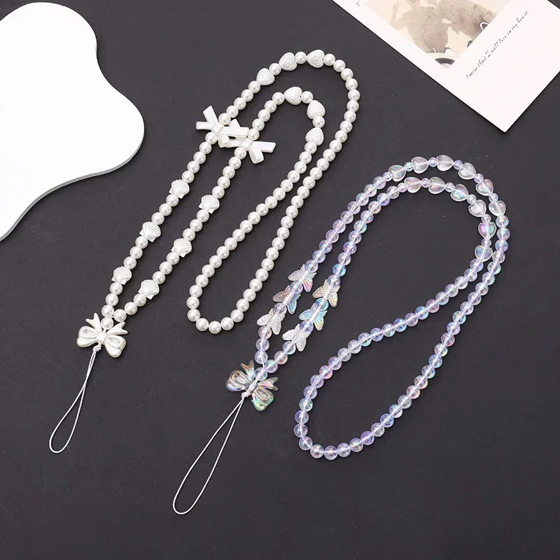 Pearl Crystal Phone Chain Hanging Neck Simple Butterfly Love Clay Charm Anti-loss Cellphone Case Rope Lanyard Jewelry for Women