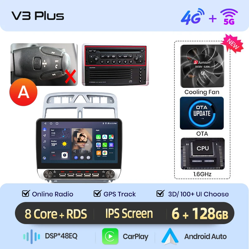 Junsun 10.1 "Draadloze Carplay AndroidAuto Autoradio voor Peugeot 307CC 307SW 2002-2013 radio met knoppen Bluetooth GPS 4G DSP