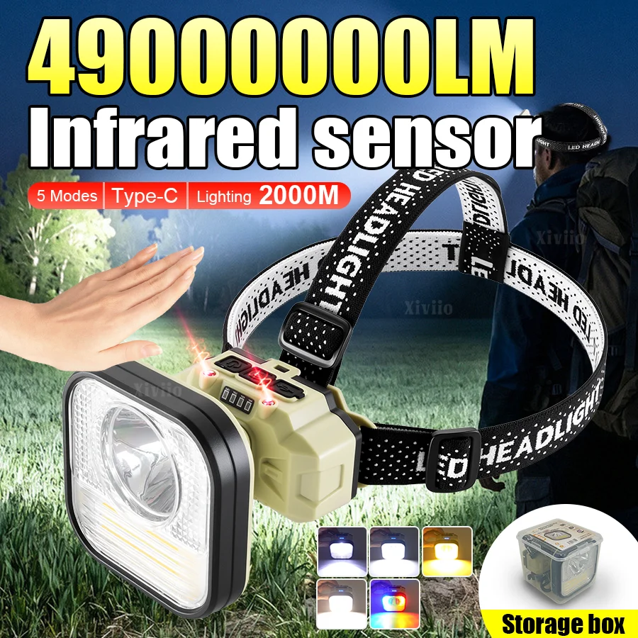 IR Sensor Powered-on Super Bright Headlamp Rechargeable Long Range 2000M Searchlight 49000000LM Powerful Emergency Led Headlight
