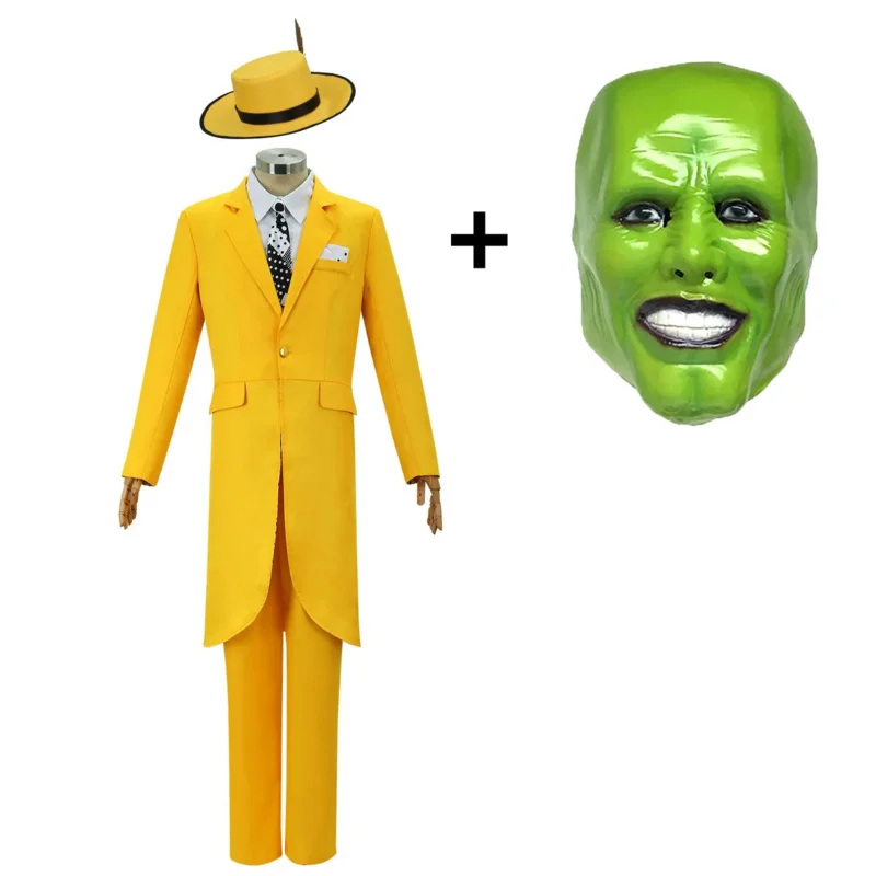 

In stock Jim Carrey cosplay costume adult children unisex green face mask yellow uniform suit x;2,f;5.n