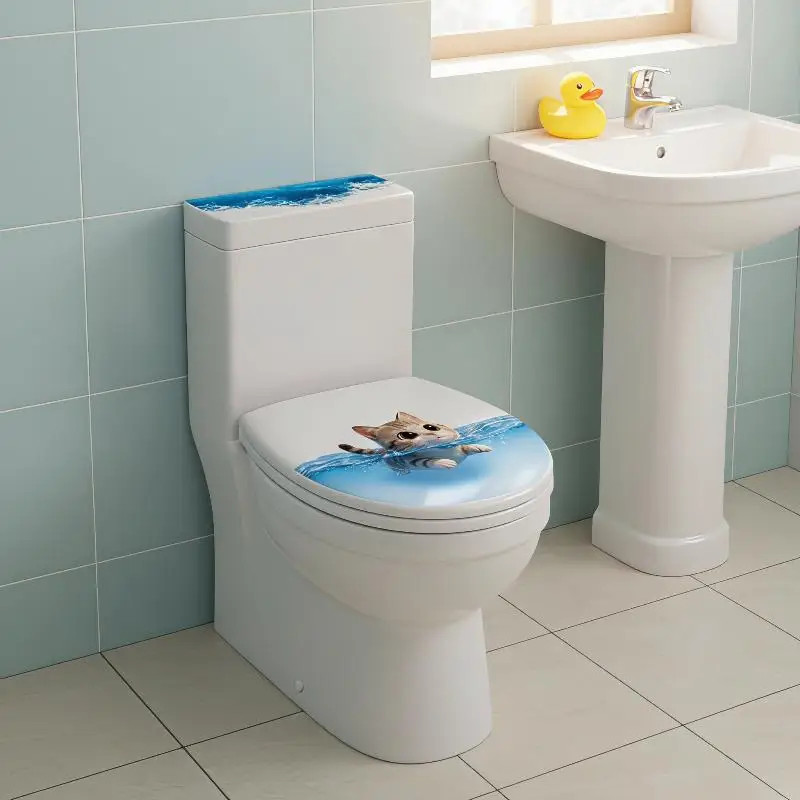 Cute Swimming Cat Toilet Sticker Waterproof Self-Adhesive Repositionable Wall Decal for Short Term Rental Bathroom Decor