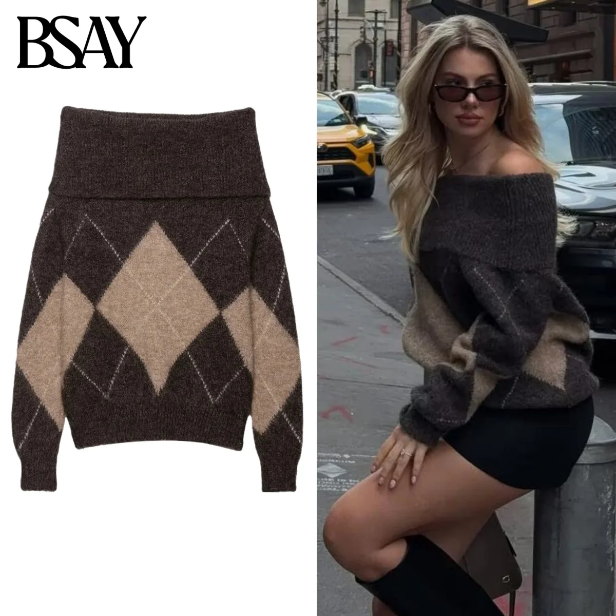 

BSAY Knitted Sweater for Women Fashion Autumn Winter New Diamond Grid Off Shoulder Long Sleeves Tops Chic Female Knit Sweaters