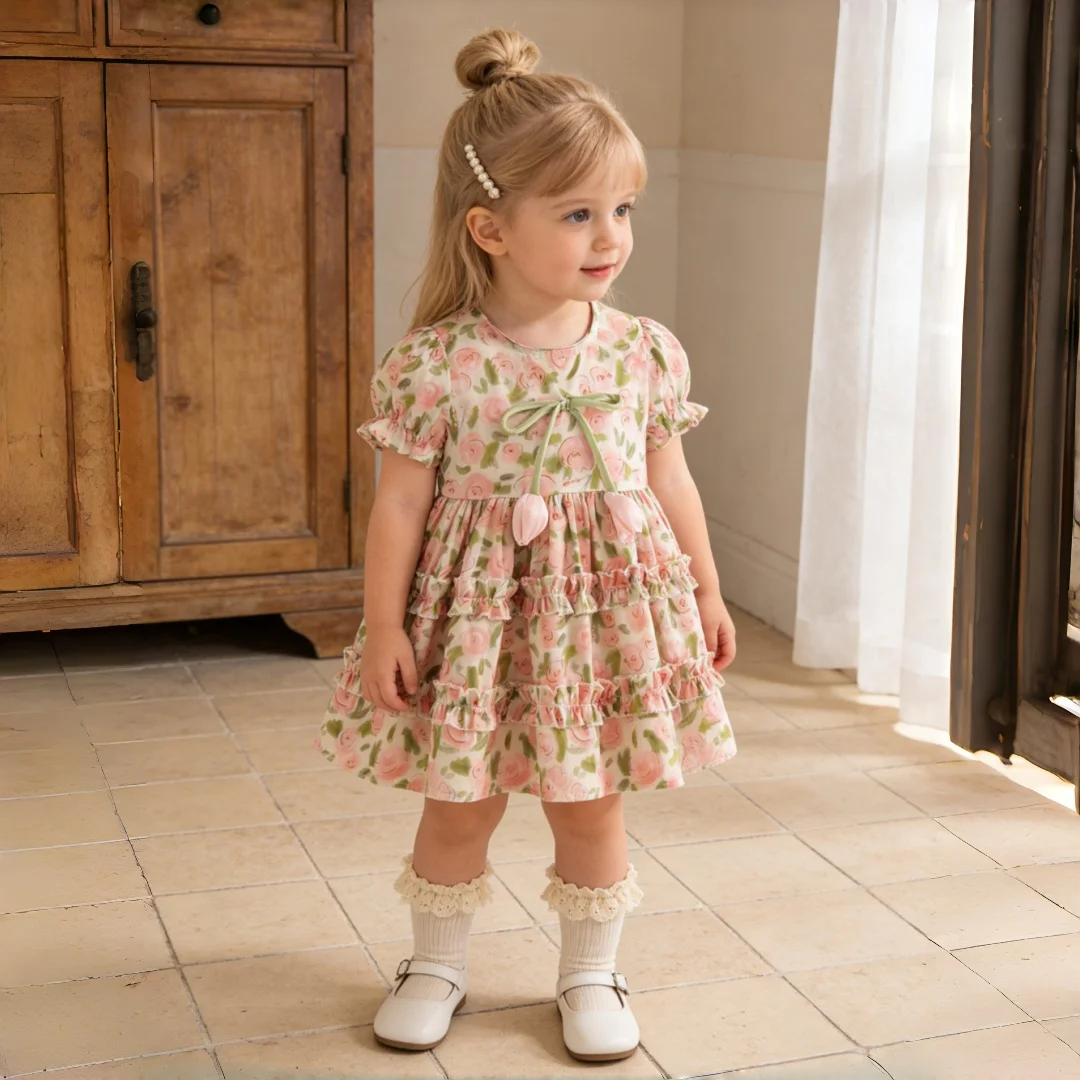 Vestito Estivo per Bambina con Stampa Floreale e Fiocco, Manica Corta, Abito da Spiaggia Carino per Neonata, Abbigliamento per Bambina