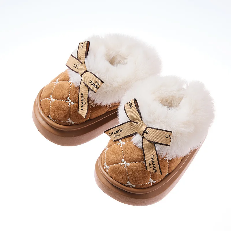 New Bow Cute Girls Slippers Winter Plaid Warm Plush Children Slippers Fashion Non Slip Soft Kids Indoor Shoes