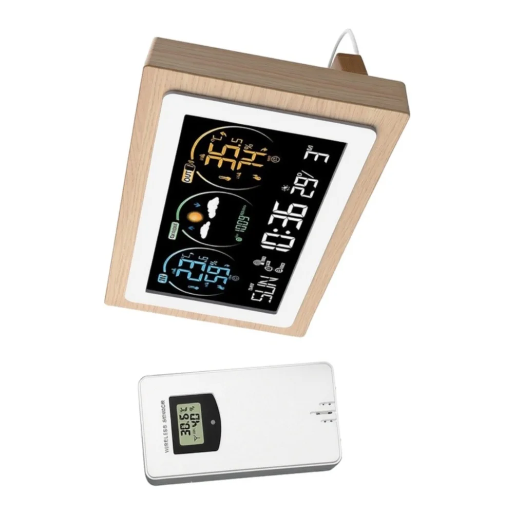 Wireless for Weather Station Digital Alarm Clock with Sensor Wooden Frame Accurate Weather for forecast for Home and Office