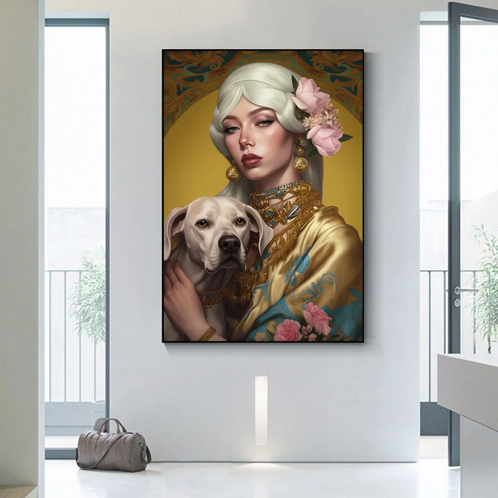 Canvas Prints Women With Dog Cat Painting Abstract Flower Girl Wall Art Poster Colorful Picture for Bedroom Home Decor Cuadros