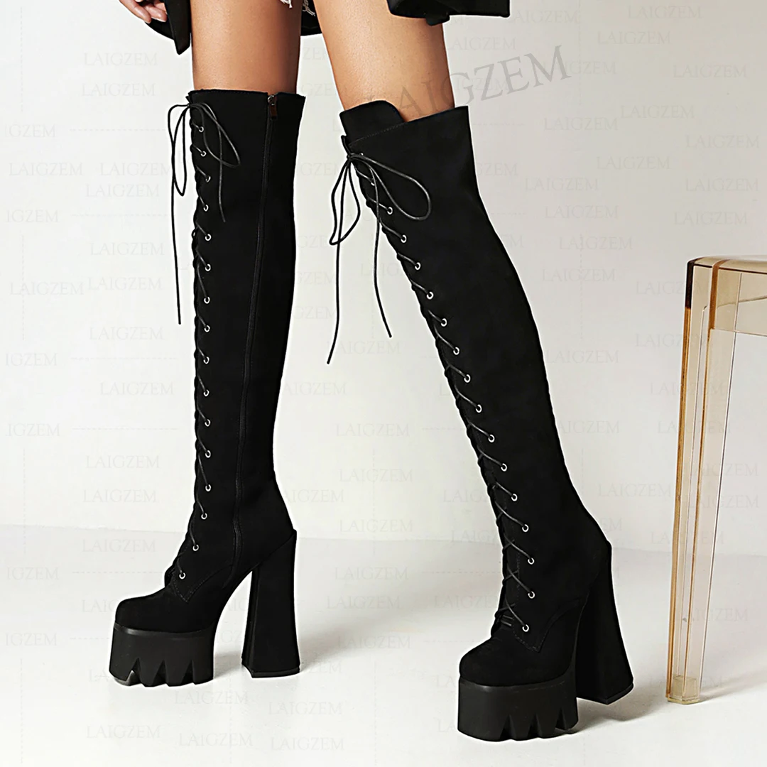 LAIGZEM Women Over Knee High Boots Shiny Side Zip Up 15CM Thick Heels Boots Wide Calf Friendly Shoes Woman Plus Size 37 41 43 46