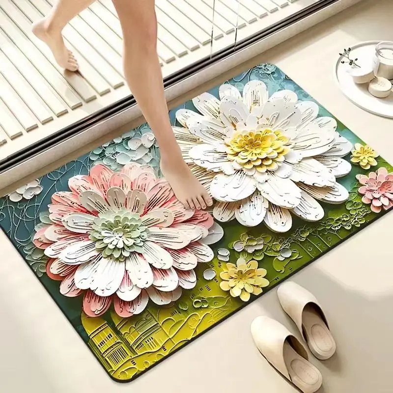 VIKAMA 3D Green Purple Dahlia Bath Mat for Bathroom, Absorbent Non Slip Soft Floral Floor Rug Home Decor