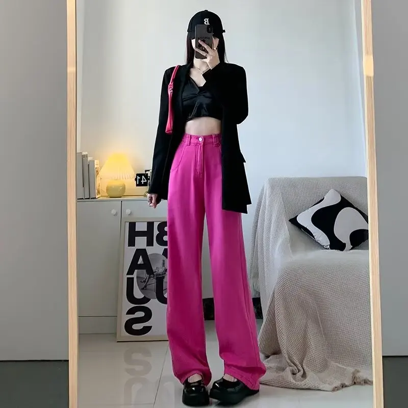 

Women Jeans Straight Loose Autumn Winter High Waist Slender Wide Leg Full Length Denim Washed Solid Trousers Simple All-match