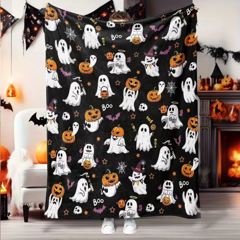Image of Halloween-Flanelldecke mit Cartoon-Kürbis-Muster – weich, leicht und warm, geeignet für alle Jahreszeiten – perfekt fürs Bett