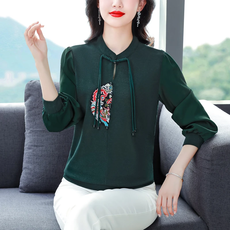 Women Chinese Style Vintage Embroidery Hollow Blouse Elegant Stand Collar Chiffon Patchwork Shirt Long Sleeve Loose Tops Blusas