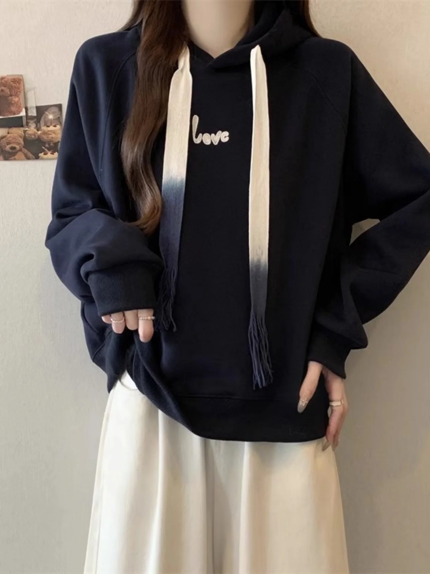

Loose Fit plus Size Hoodie Lazy Sle Loose Long Sve Sweatirt Blue Letter Print Casual Streetwear for Women