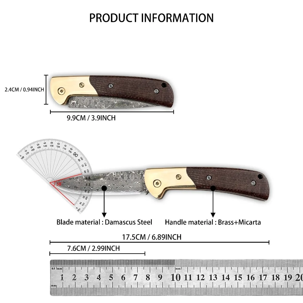 Outdoor Folding Knife Exquisite Pocket Knife Damascus Steel Blade Brass + Micarta Handle Fishing Hunting Knives Cutting Tool view 6