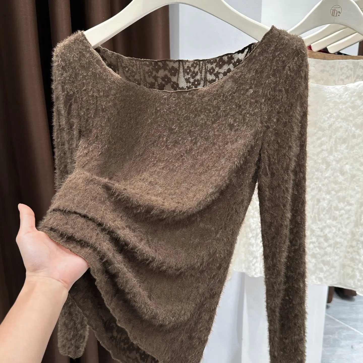 

Y2K Lace Tshirt Women Big Round Neck Brushed Long Sleeve Hollow Slim Fit Inner Top