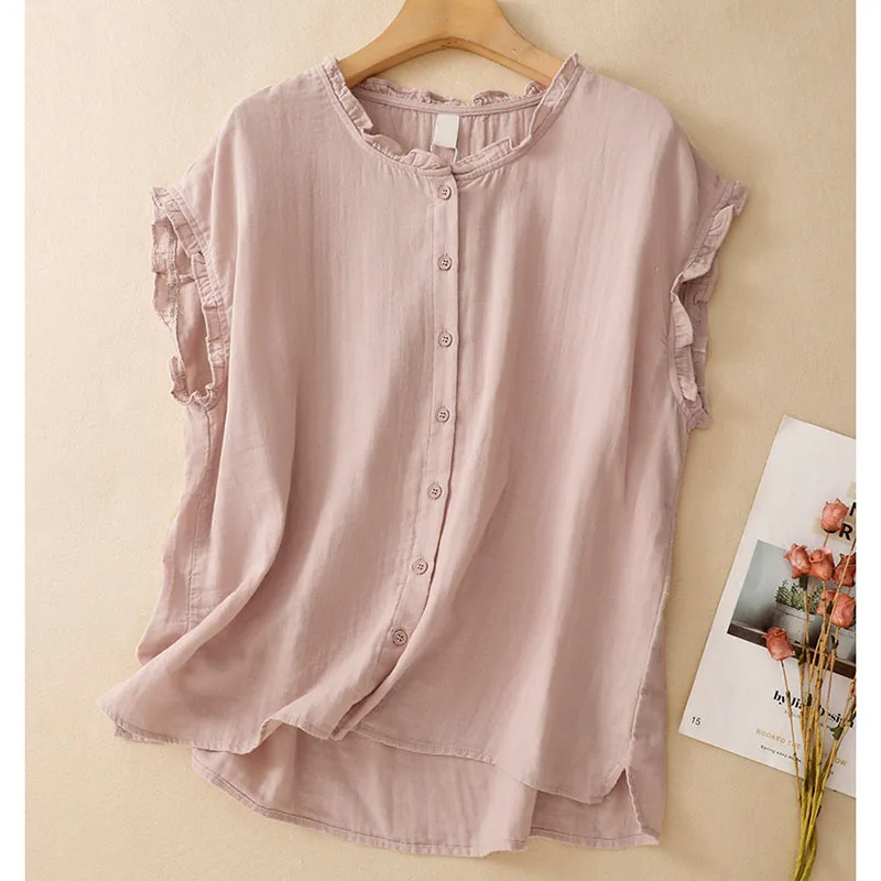 

Literary Solid Color Cotton Linen Small Flying Sleeve Shirt Female Summer Thin Design Sense Fungus Collar Chic Beautiful Top