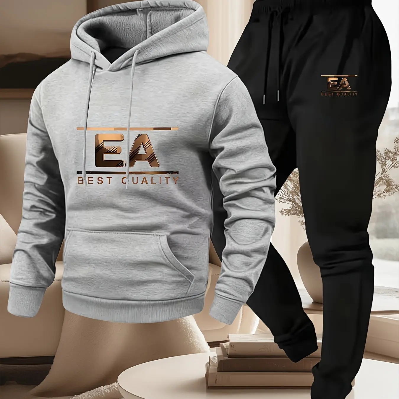 mens outfits  print hooded sweatshirt and sweatpants soft and comfortable thin velvet warm sweatpants set autumn and winter view 3